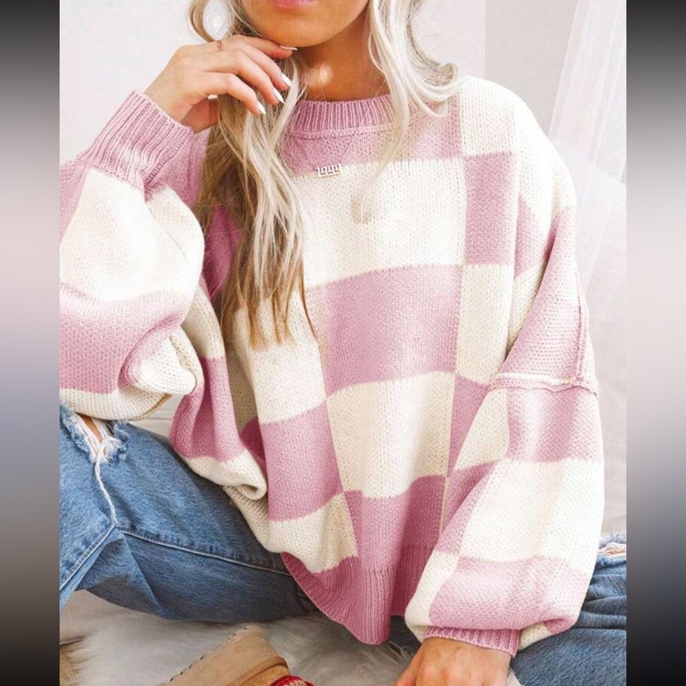 Comfy Plaid Check Long Sleeve Round Neck Knit Swearer Top